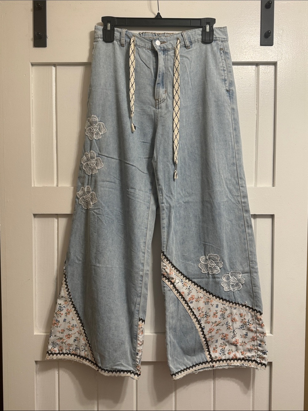 POL Light Blue Wide-Leg Jeans with Floral Insets